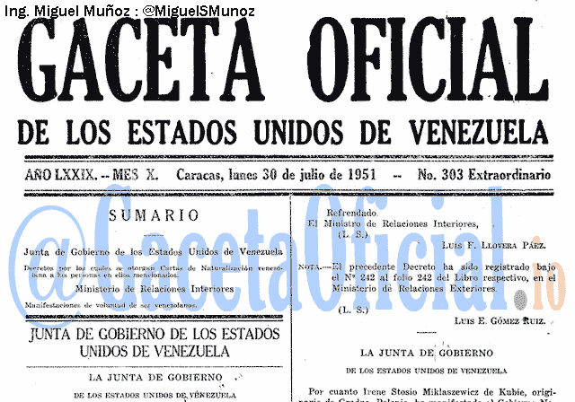 Gaceta Oficial 303 del 30 Julio 1951