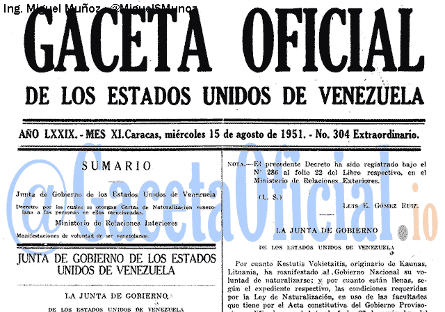 Gaceta Oficial 304 del 18 Agosto 1951