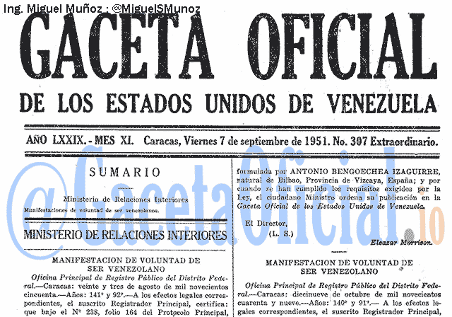 Gaceta Oficial 307 del 7 Septiembre 1951