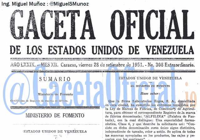 Gaceta Oficial 308 del 28 Septiembre 1951