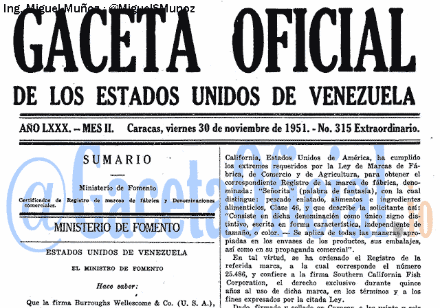 Gaceta Oficial 315 del 30 Noviembre 1951