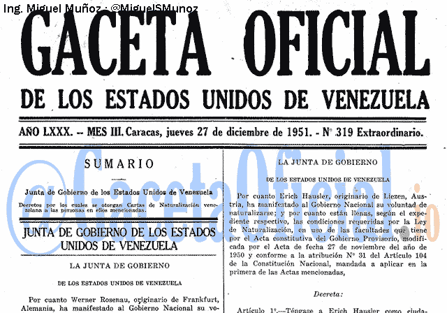 Gaceta Oficial 319 del 27 Diciembre 1951