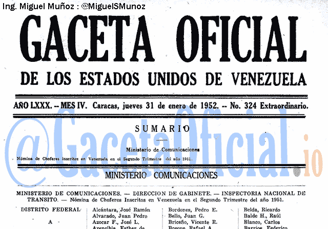 Gaceta Oficial 324 del 31 Enero 1952
