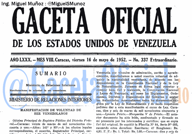 Gaceta Oficial 337 del 16 Mayo 1952