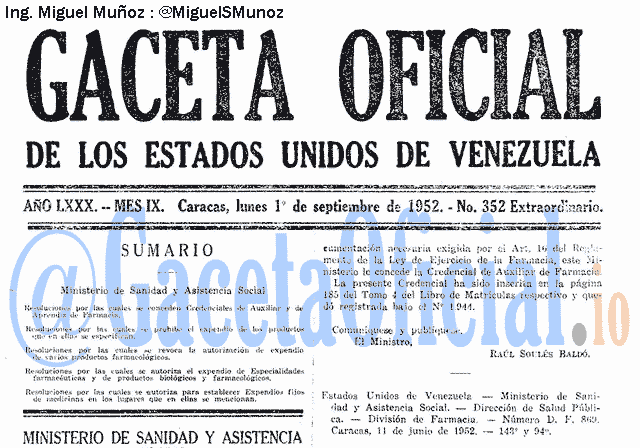 Gaceta Oficial 352 del 1 Septiembre 1952