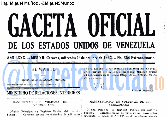 Gaceta Oficial 354 del 1 Octubre 1952