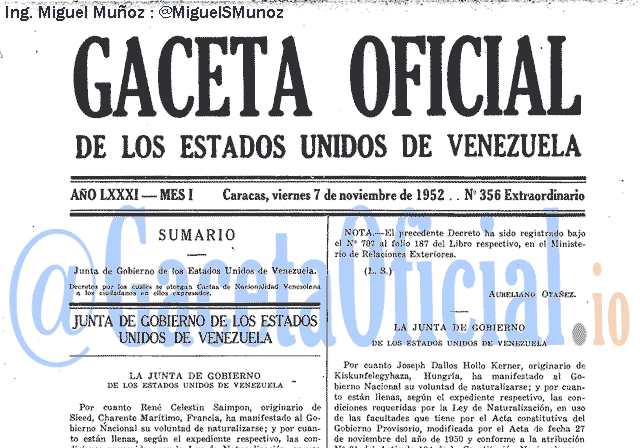 Gaceta Oficial 356 del 7 Noviembre 1952
