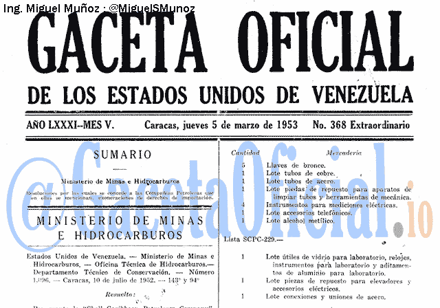 Gaceta Oficial 368 del 5 Marzo 1953