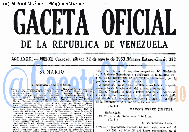 Gaceta Oficial 392 del 22 Agosto 1953