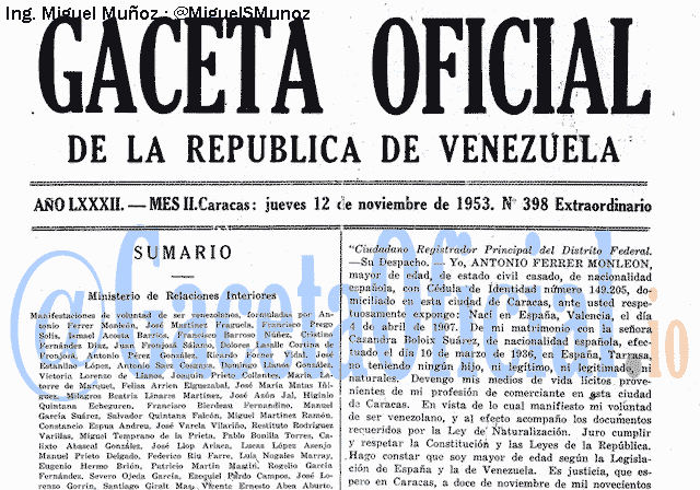 Gaceta Oficial 398 del 12 Noviembre 1953