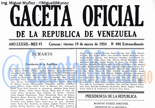 Gaceta Oficial 406 del 19 Marzo 1954