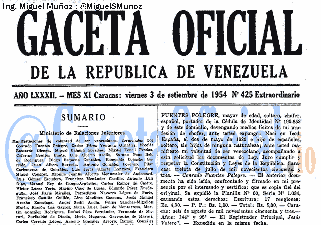 Gaceta Oficial 425 del 3 Septiembre 1954