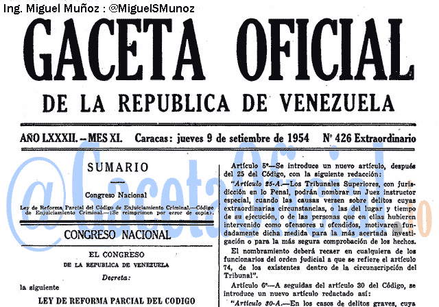Gaceta Oficial 426 del 9 Septiembre 1954