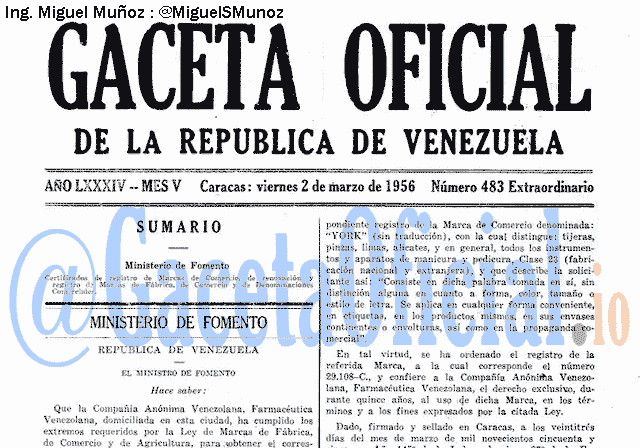 Gaceta Oficial 483 del 2 Marzo 1956