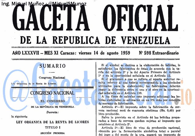 Gaceta Oficial 598 del 14 Agosto 1959