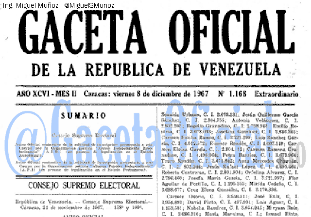 Gaceta Oficial 1168 del 8 Diciembre 1967