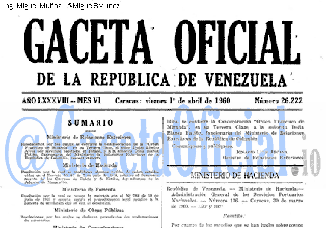 Gaceta Oficial 26222 del 1 Abril 1960