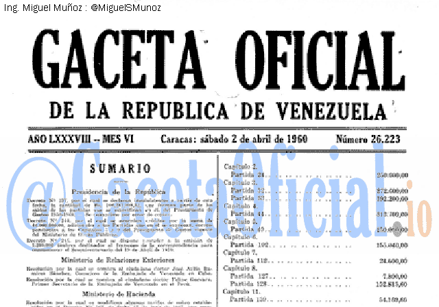 Gaceta Oficial 26223 del 2 Abril 1960