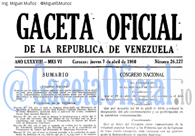 Gaceta Oficial 26227 del 7 Abril 1960