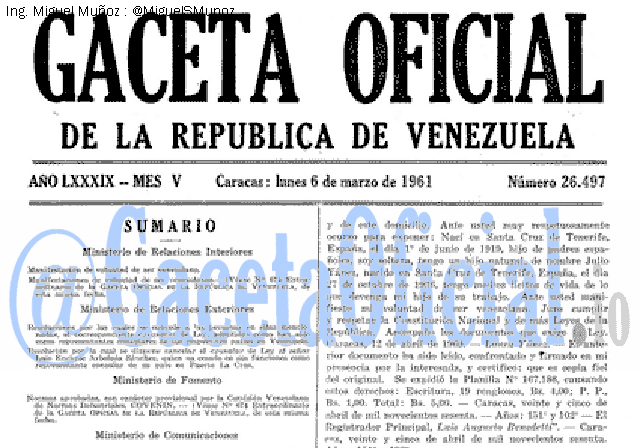 Gaceta Oficial 26497 del 6 Marzo 1961