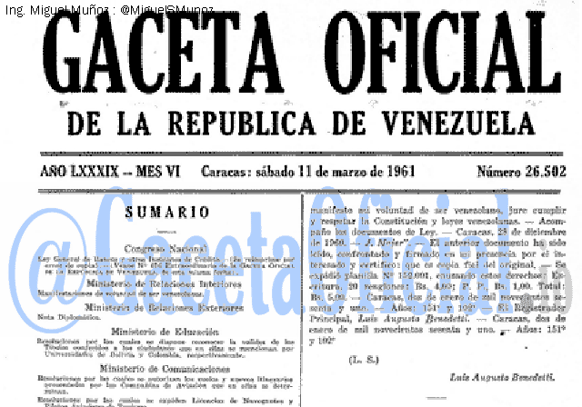 Gaceta Oficial 26502 del 11 Marzo 1961