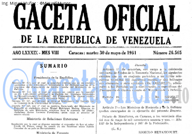Gaceta Oficial 26565 del 30 Mayo 1961