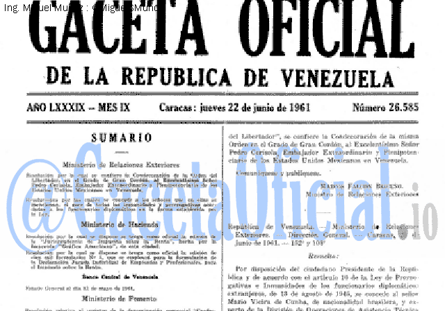 Gaceta Oficial 26585 del 22 Junio 1961