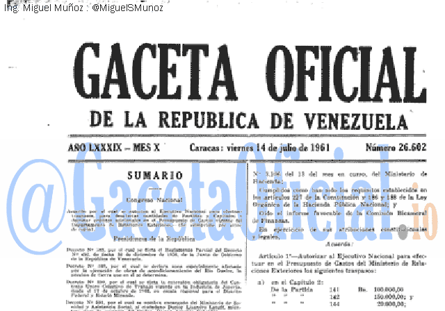 Gaceta Oficial 26602 del 14 Julio 1961