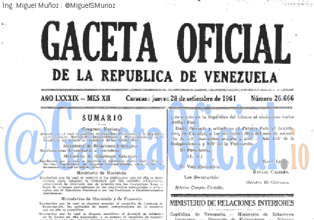 Gaceta Oficial 26666 del 28 Septiembre 1961