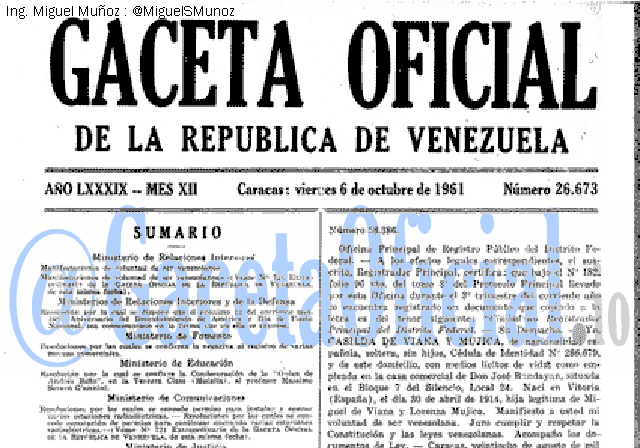Gaceta Oficial 26673 del 6 Octubre 1961