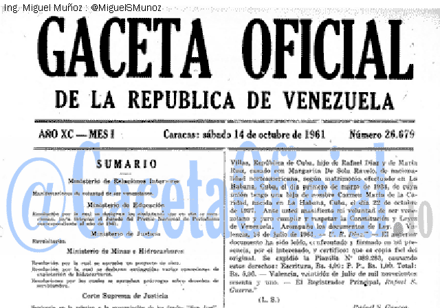 Gaceta Oficial 26679 del 14 Octubre 1961