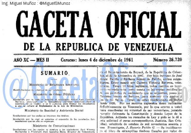Gaceta Oficial 26720 del 4 Diciembre 1961