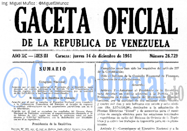 Gaceta Oficial 26729 del 14 Diciembre 1961