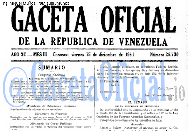 Gaceta Oficial 26730 del 15 Diciembre 1961