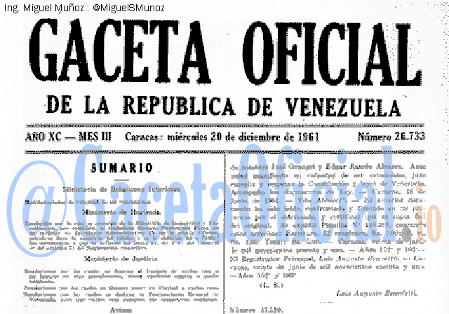 Gaceta Oficial 26733 del 20 Diciembre 1961