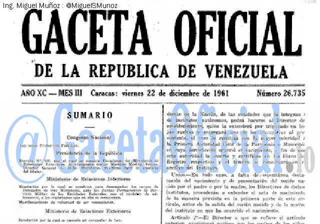 Gaceta Oficial 26735 del 22 Diciembre 1961