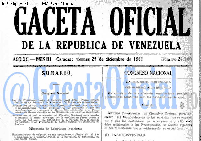 Gaceta Oficial 26740 del 29 Diciembre 1961