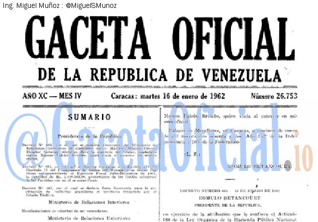 Gaceta Oficial 26753 del 16 Enero 1962
