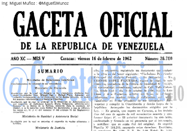 Gaceta Oficial 26780 del 16 Febrero 1962