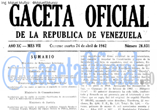 Gaceta Oficial 26831 del 24 Abril 1962
