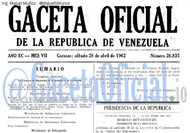 Gaceta Oficial 26835 del 28 Abril 1962