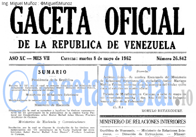 Gaceta Oficial 26842 del 8 Mayo 1962