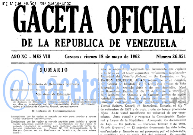 Gaceta Oficial 26851 del 18 Mayo 1962