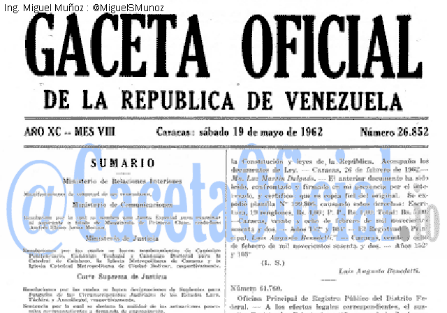 Gaceta Oficial 26852 del 19 Mayo 1962