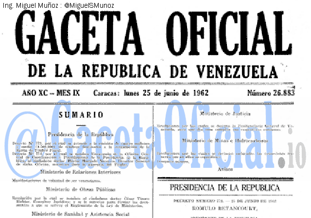 Gaceta Oficial 26883 del 25 Junio 1962