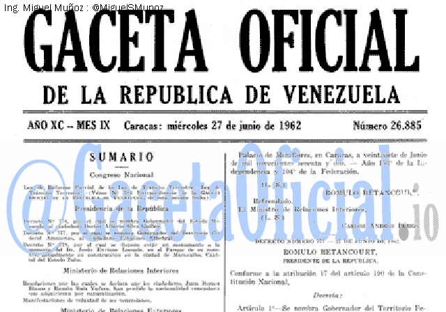 Gaceta Oficial 26885 del 27 Junio 1962