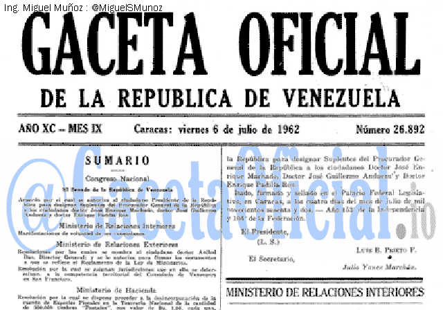 Gaceta Oficial 26892 del 6 Julio 1962