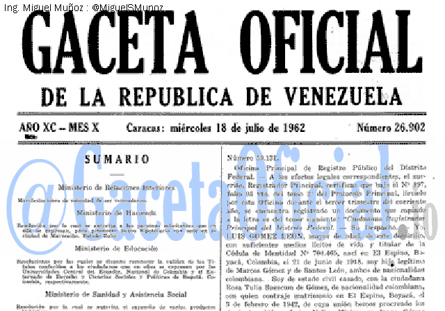 Gaceta Oficial 26902 del 18 Julio 1962