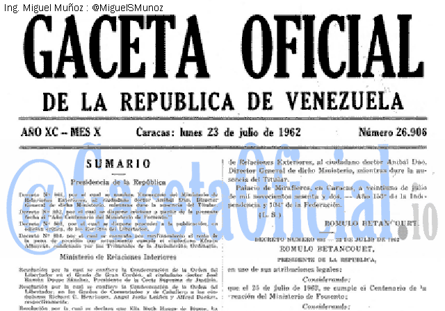 Gaceta Oficial 26906 del 23 Julio 1962