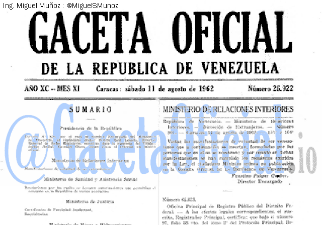 Gaceta Oficial 26922 del 11 Agosto 1962